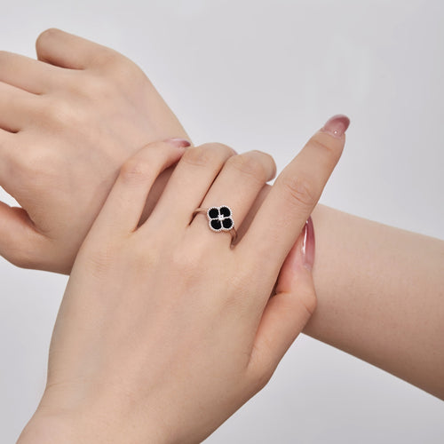 Signature Jewelry 925 Sterling Silver Black Enamel Clover Ring