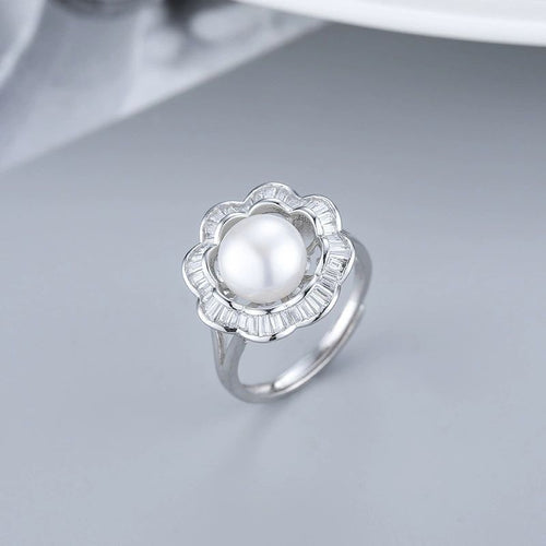 Signature Jewelry 925 Sterling Silver Floral Pearl Ring with Zircon Accents