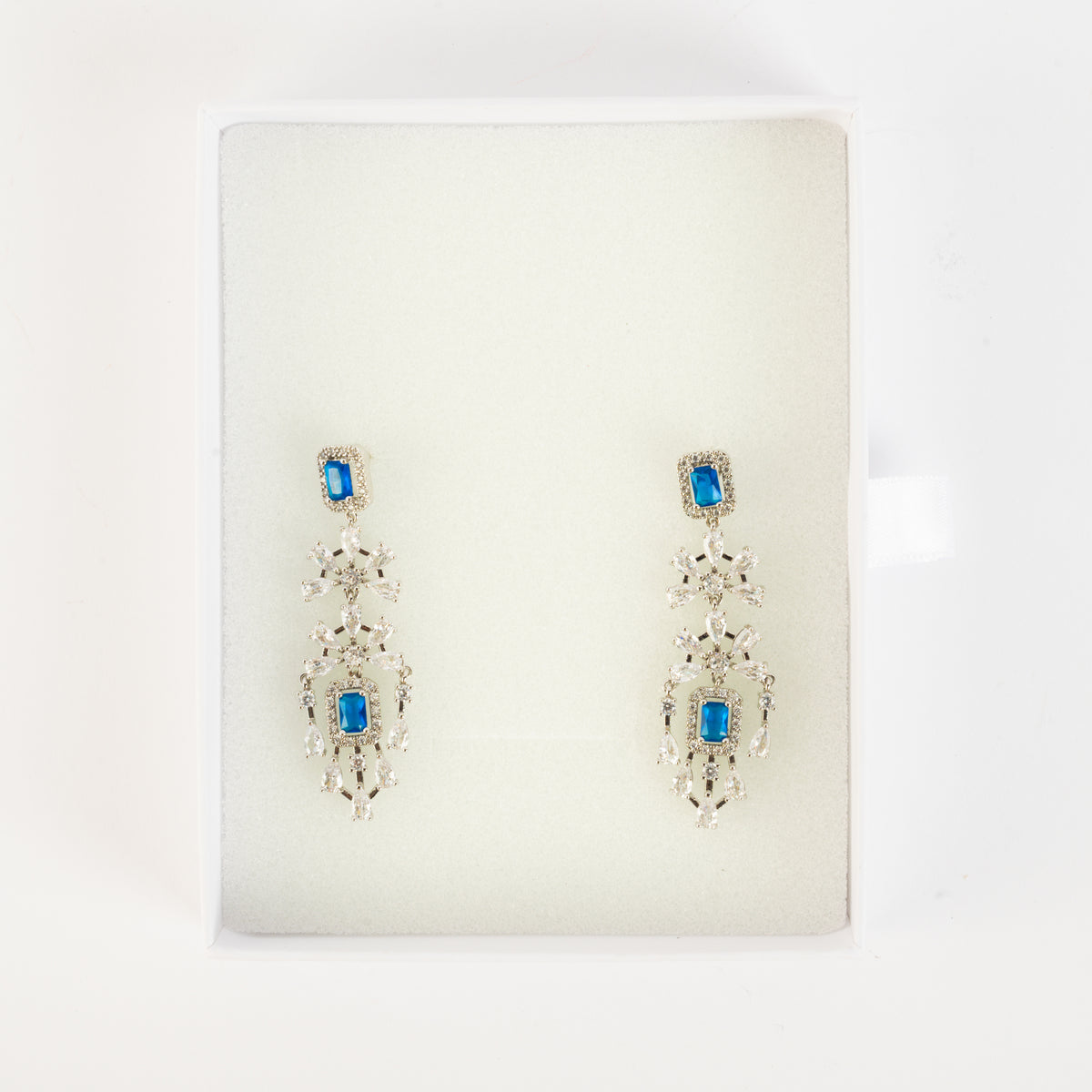 Sparkling Brass & Zircon Drop Earrings with Blue Accents