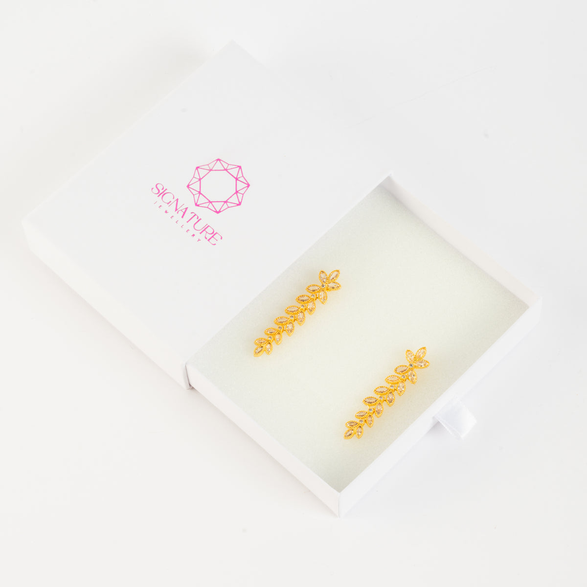 Golden Leaf Cascade Brass & Zircon Earrings