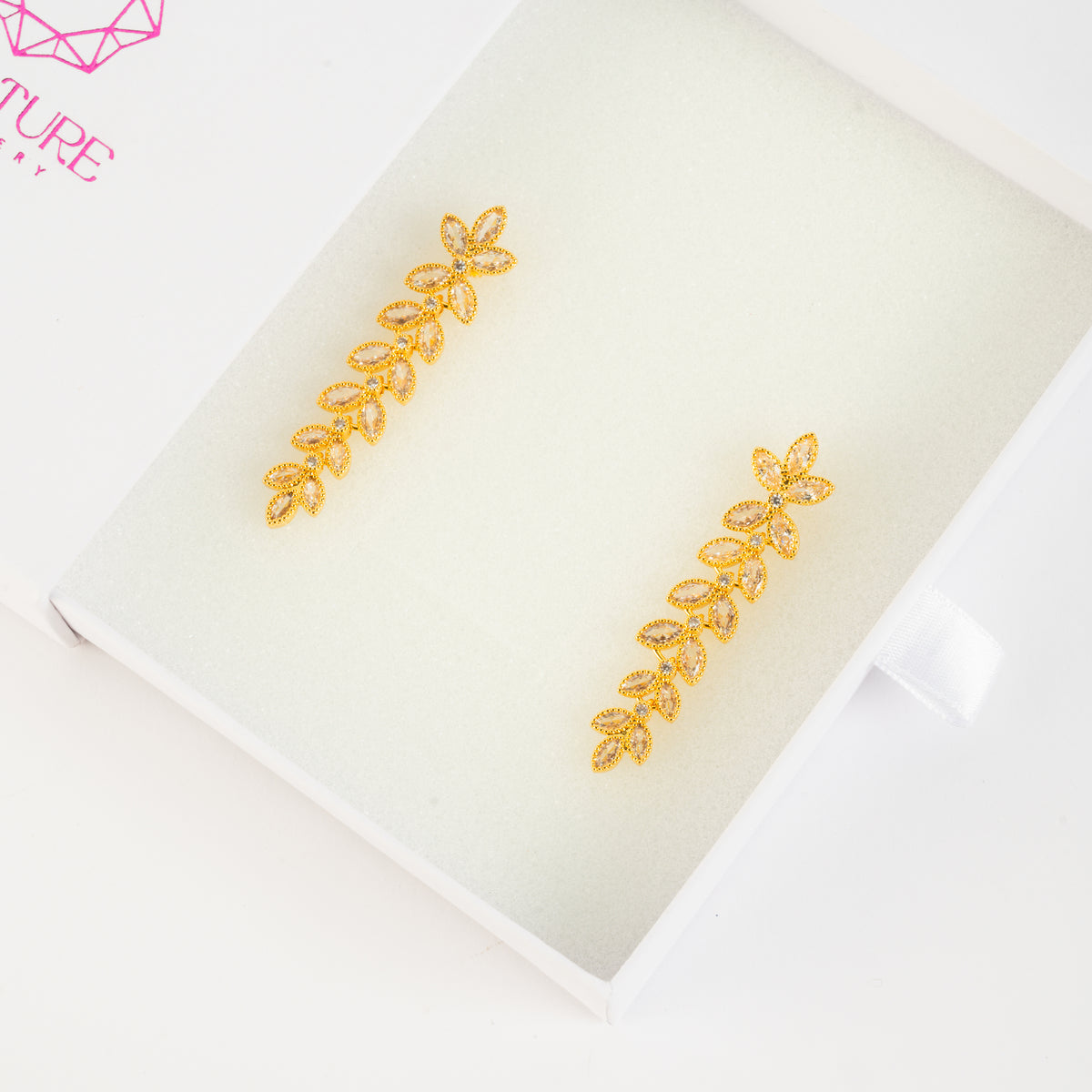 Golden Leaf Cascade Brass & Zircon Earrings