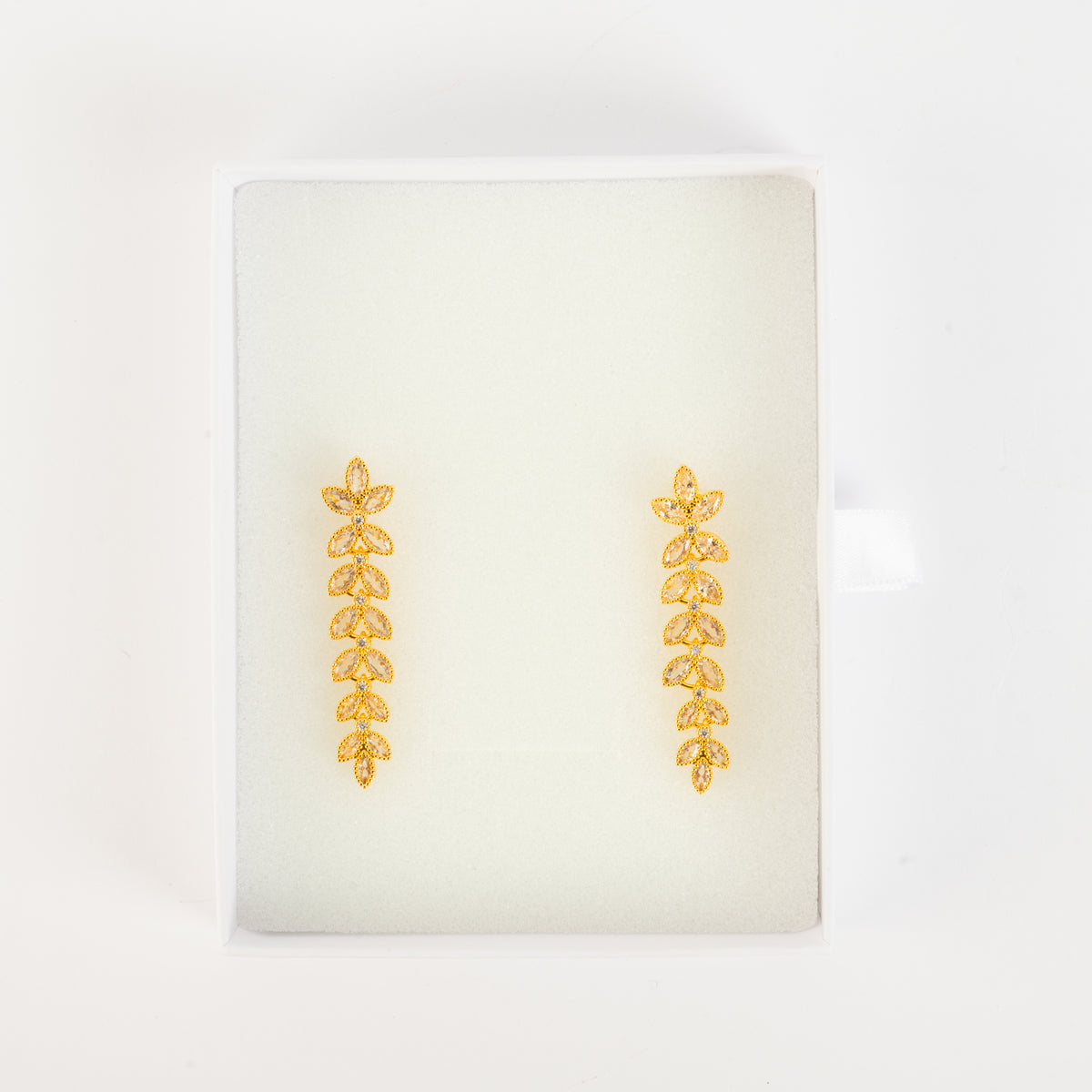 Golden Leaf Cascade Brass & Zircon Earrings