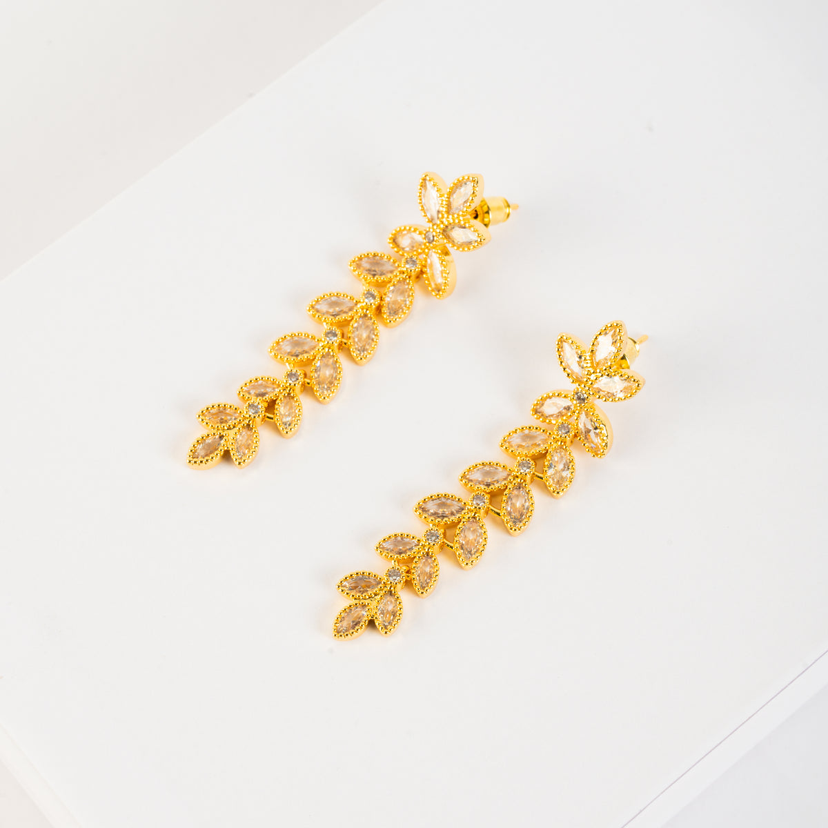 Golden Leaf Cascade Brass & Zircon Earrings