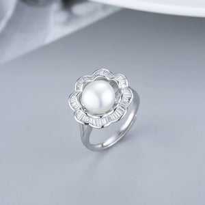 Signature Jewelry 925 Sterling Silver Floral Pearl Ring with Zircon Accents