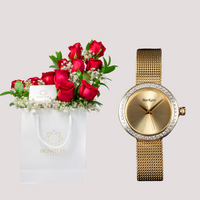 Red Flowers Arrangement with MARKATO Women Watch with Golden Dial & Silver Strap
