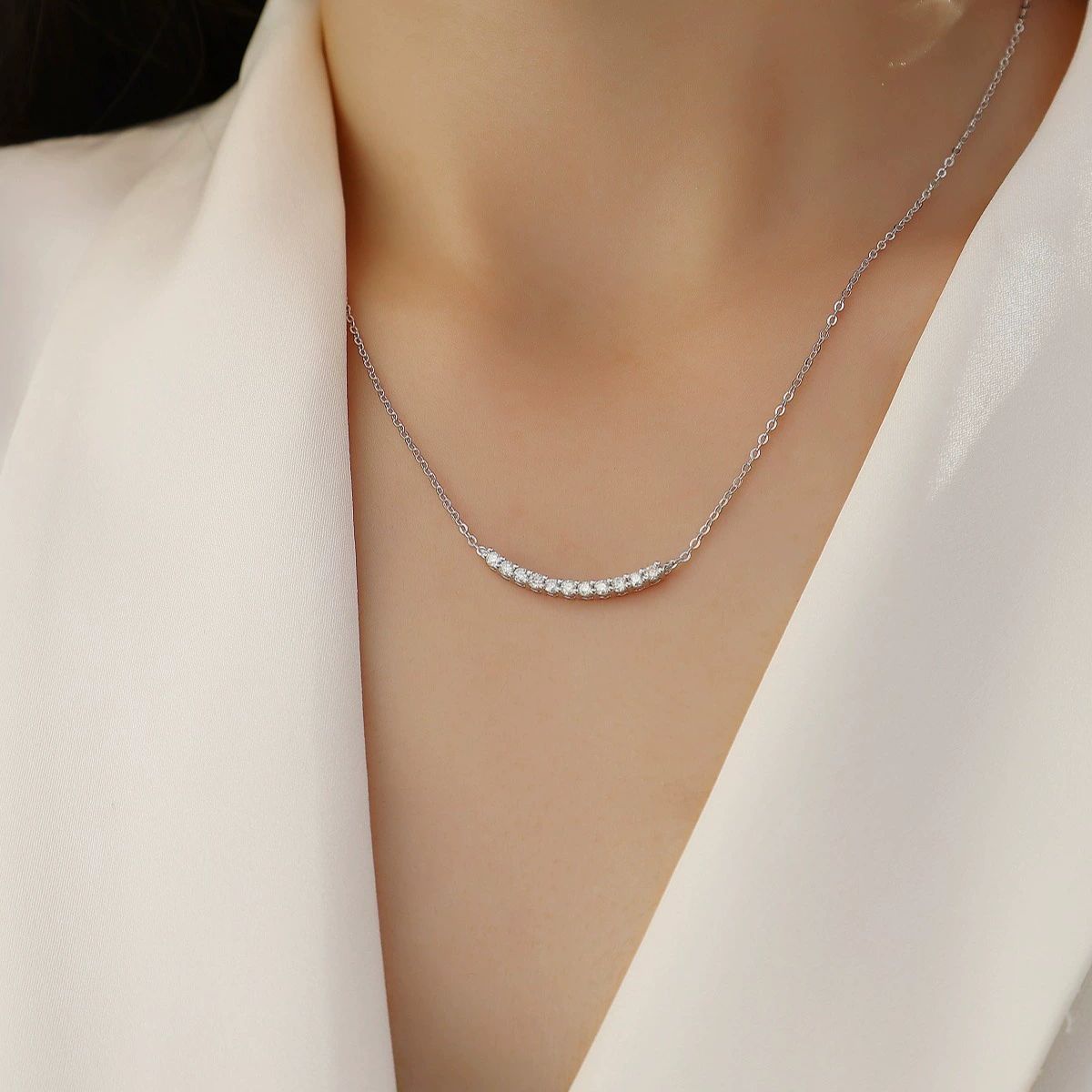 Signature Jewelry 925 Sterling Silver Curved Bar Necklace with Sparkling Zirconia
