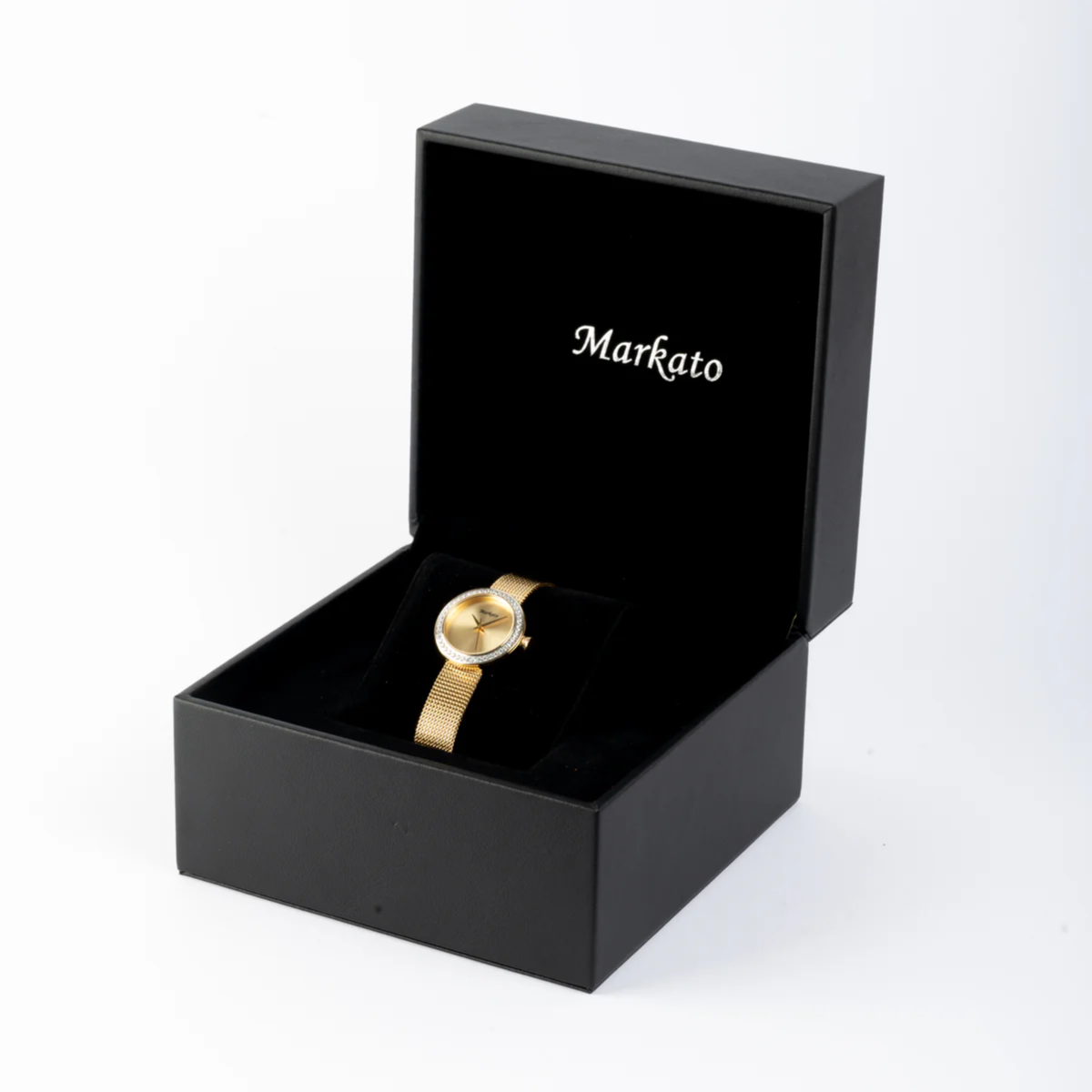 Red Flowers Arrangement with MARKATO Women Watch with Golden Dial & Silver Strap