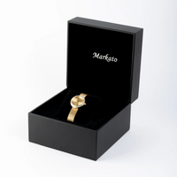 Red Flowers Arrangement with MARKATO Women Watch with Golden Dial & Silver Strap