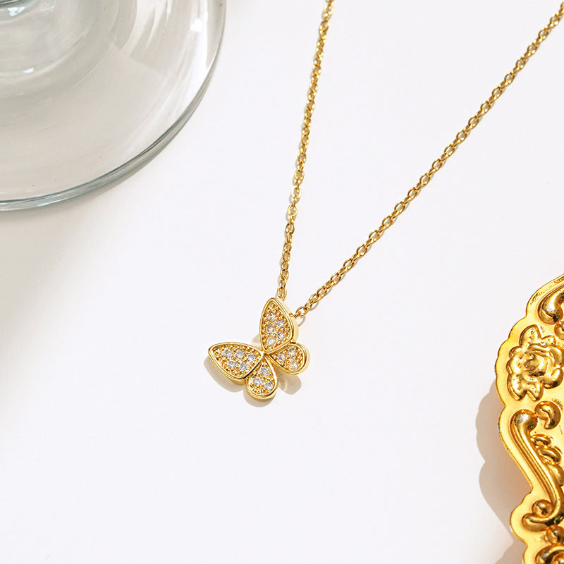 Signature Pavé Butterfly Gold Stainless Steel Necklace with Brass Pendant