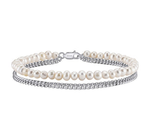 Modern Elegance Silver-Pearl Chain Bracelet By Signature Jewelry