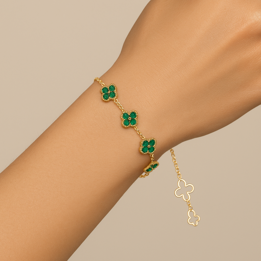 Signature Jewelry 925 Silver Gold-Plated Green Gemstone Clover Bracelet