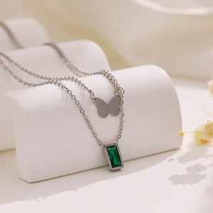 Signature Jewelry – Butterfly & Emerald Glow Stainless Steel Necklace