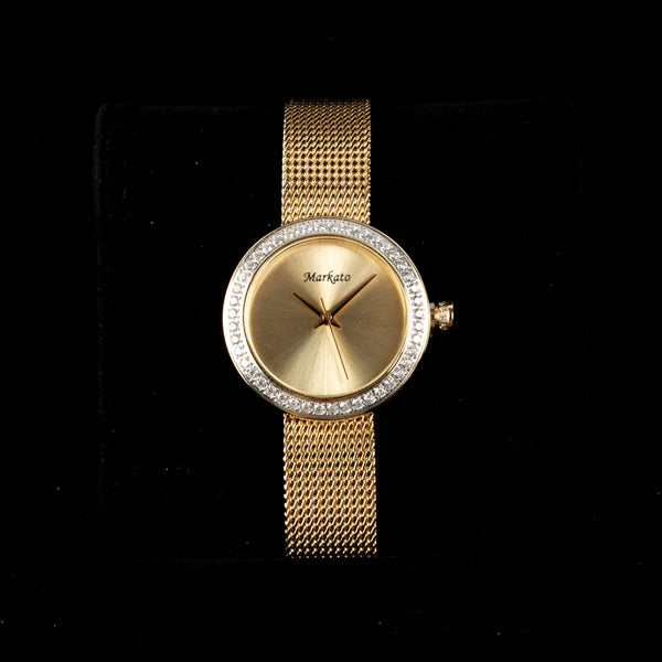 MARKATO Women Watch with Golden Dial & Silver Strap