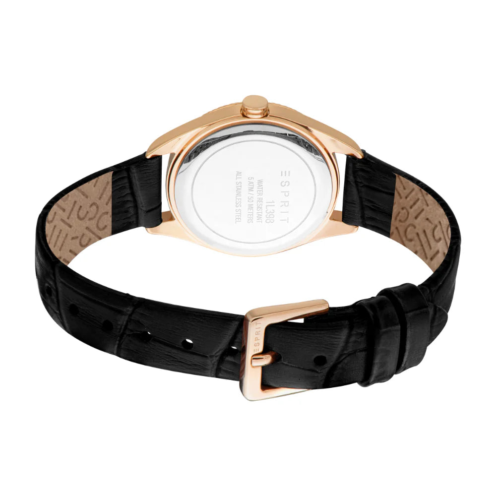 ESPRIT Women s Rose Gold Watch With Black Dial And Leather Strap Signature Jewelry Gifts