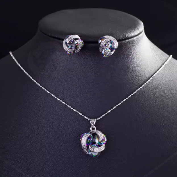 Signature Jewelry Aurora Knot Jewelry Set – Rhodium Plated Mystic Zircon Pendant & Studs