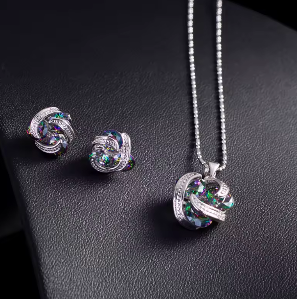 Signature Jewelry Aurora Knot Jewelry Set – Rhodium Plated Mystic Zircon Pendant & Studs