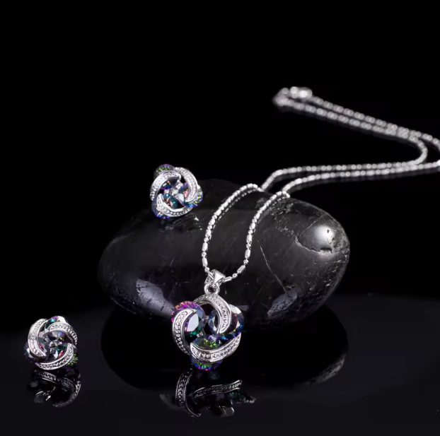 Signature Jewelry Aurora Knot Jewelry Set – Rhodium Plated Mystic Zircon Pendant & Studs