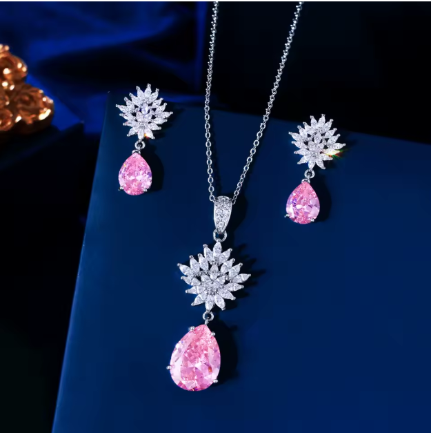 Signature Jewelry Pink Blossom Drops – Crystal Lotus & Teardrop Zircon Half Set