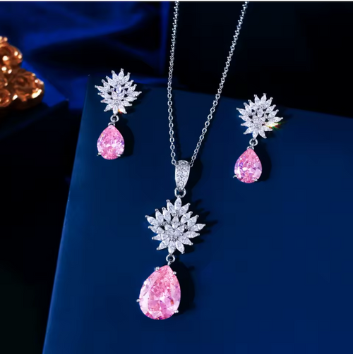 Signature Jewelry Pink Blossom Drops – Crystal Lotus & Teardrop Zircon Half Set