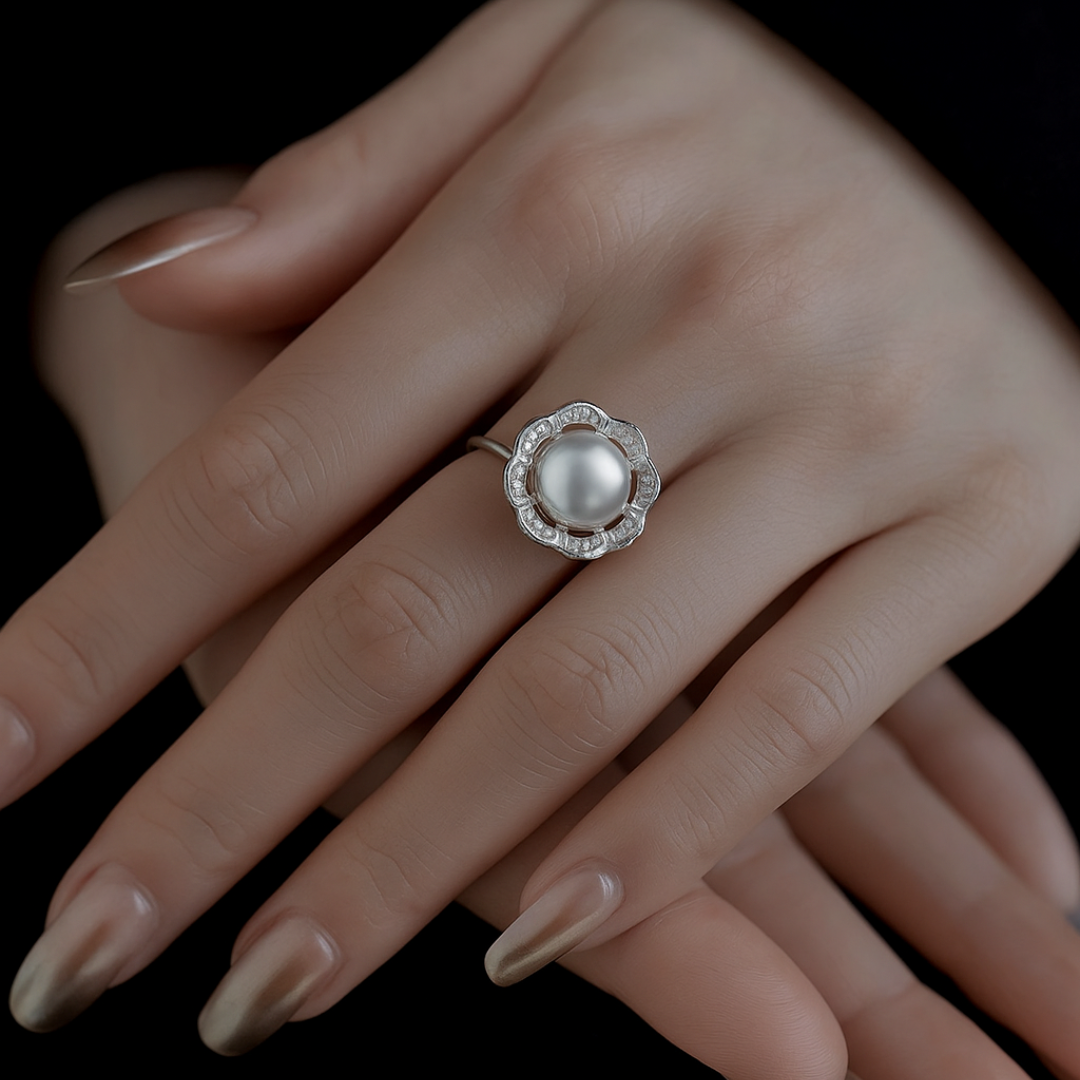 خاتم فلورال بيرل فضة استرلينية 925 مع أحجار زركون من Signature Jewelry