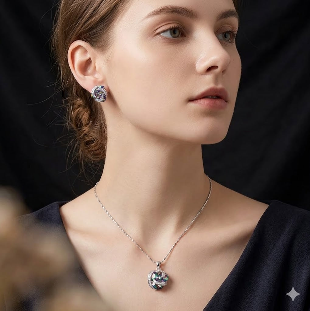 Signature Jewelry Aurora Knot Jewelry Set – Rhodium Plated Mystic Zircon Pendant & Studs