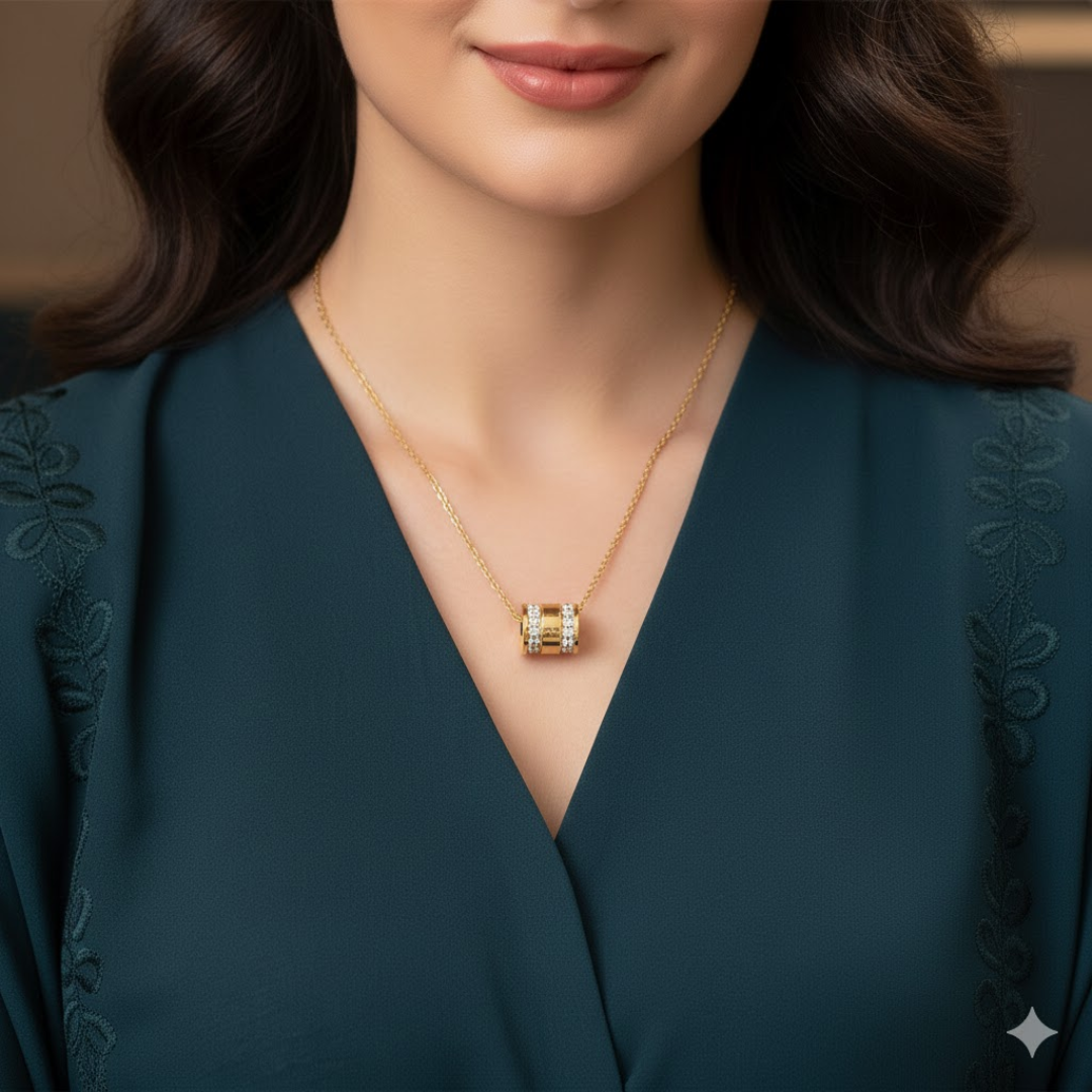 Signature Roman Barrel Necklace – Gold & Crystal Stainless Steel