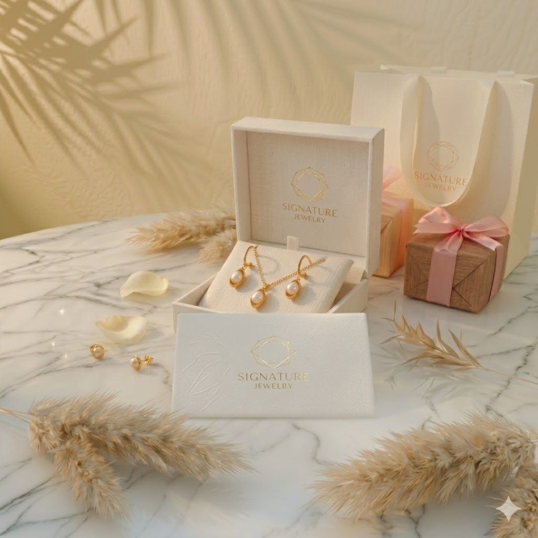 Eid Collection : Signature Golden Pearl Orbit Half Set – Stainless Steel Elegance