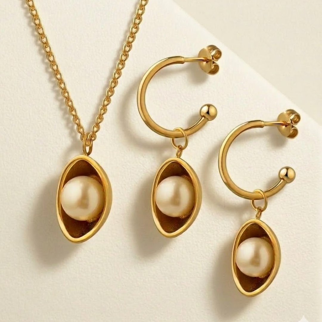 Eid Collection : Signature Golden Pearl Orbit Half Set – Stainless Steel Elegance