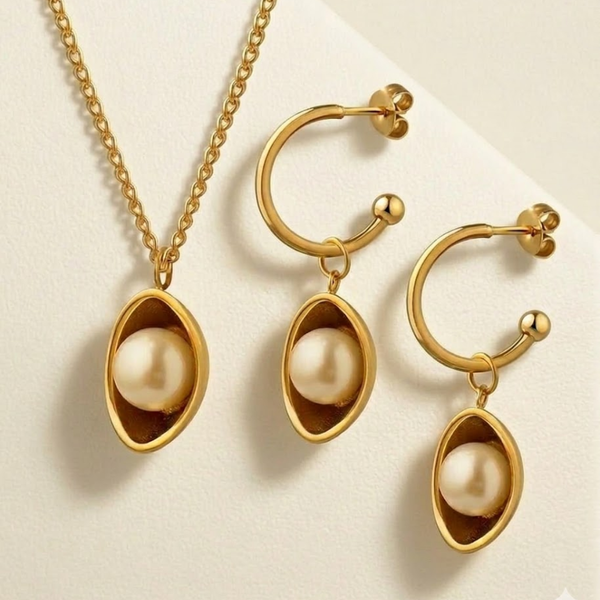 Eid Collection : Signature Golden Pearl Orbit Half Set – Stainless Steel Elegance