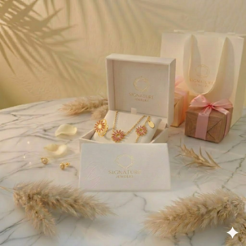 Pink Floral Radiance: Necklace, Ring & Bracelet Set
