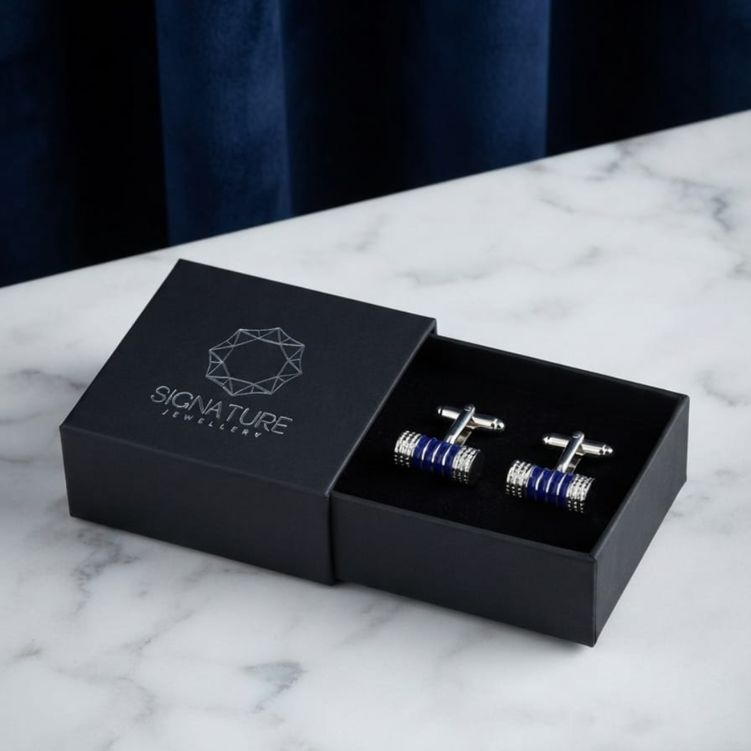 أزرار أكمام أسطوانية فضية وزرقاء من Signature Jewelry