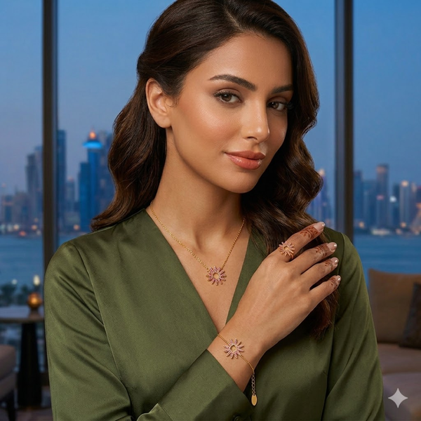 Pink Floral Radiance: Necklace, Ring & Bracelet Set