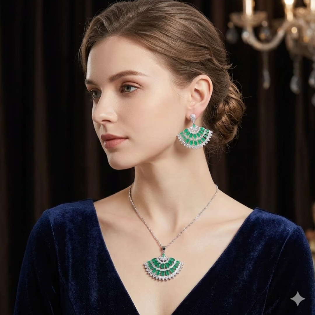Signature Jewelry Imperial Fanfare Half Set – Green & Clear Zircon Chandelier Set