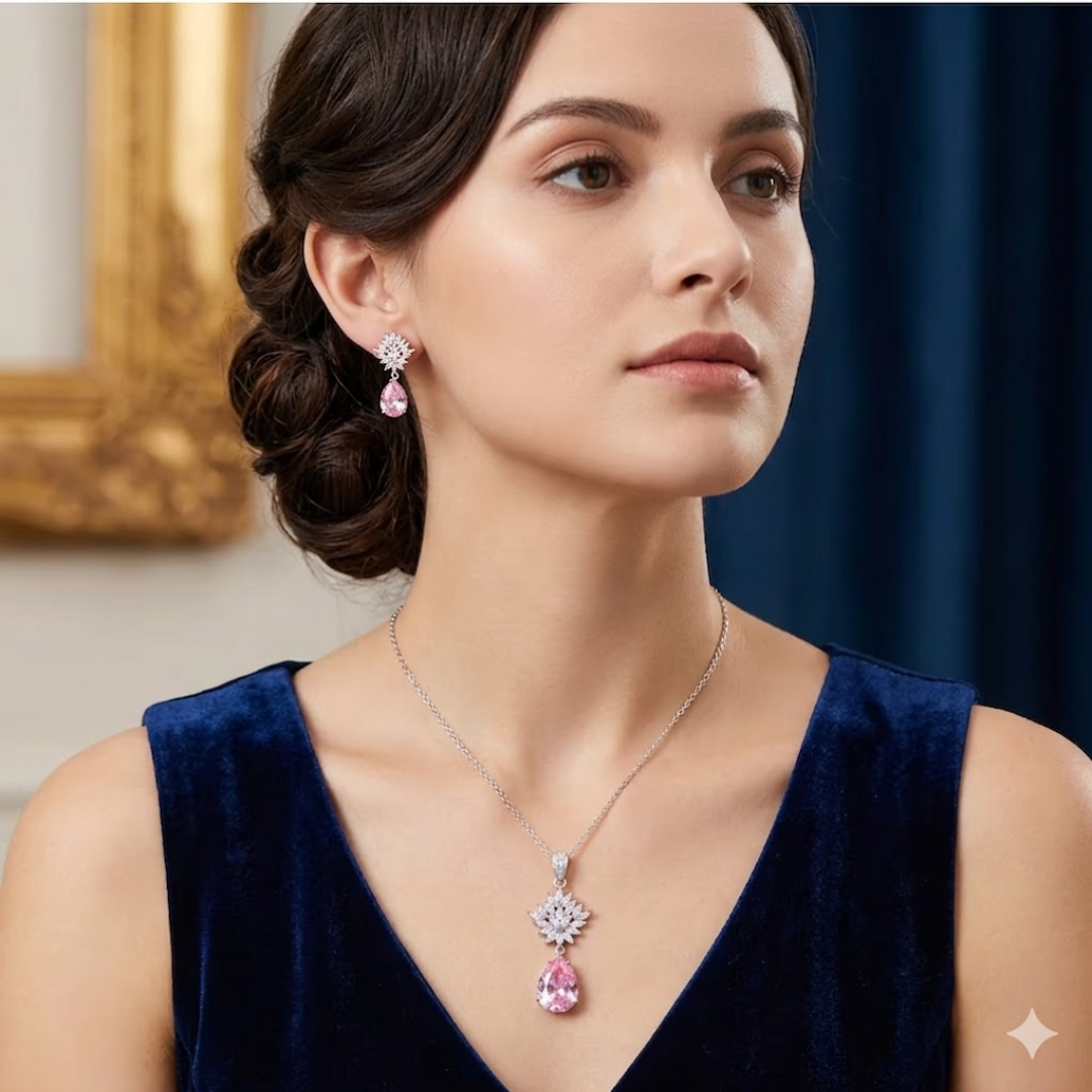 Signature Jewelry Pink Blossom Drops – Crystal Lotus & Teardrop Zircon Half Set