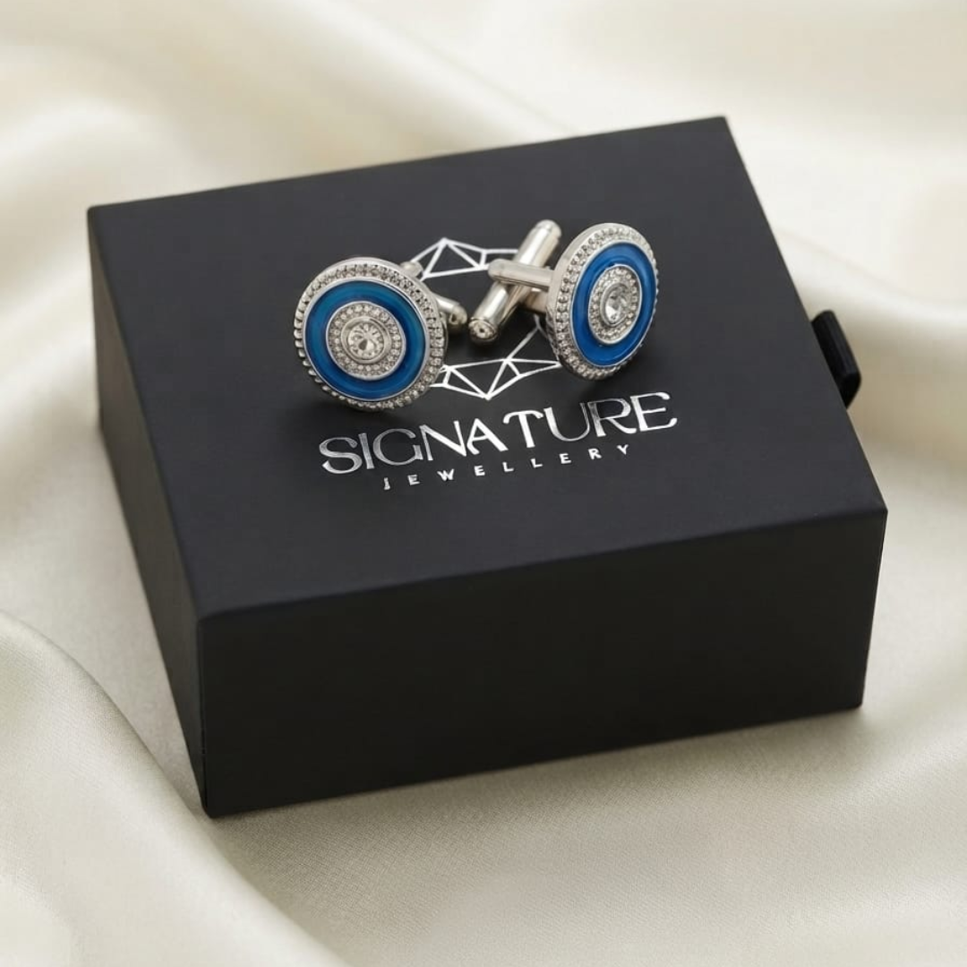 Signature Jewelry Blue Enamel and Crystal Circular Men's Cufflinks