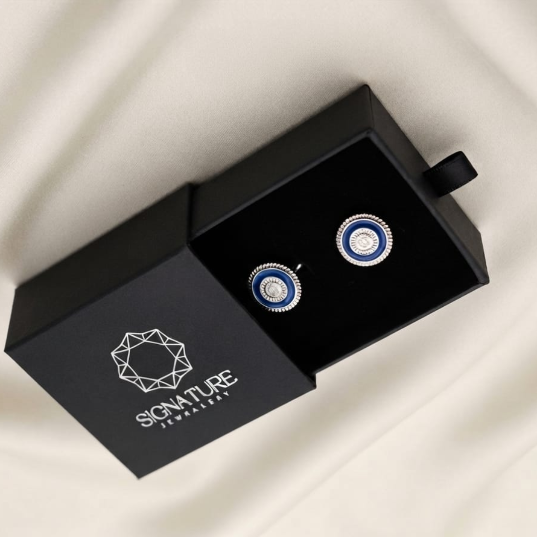 Signature Jewelry Blue Enamel and Crystal Circular Men's Cufflinks