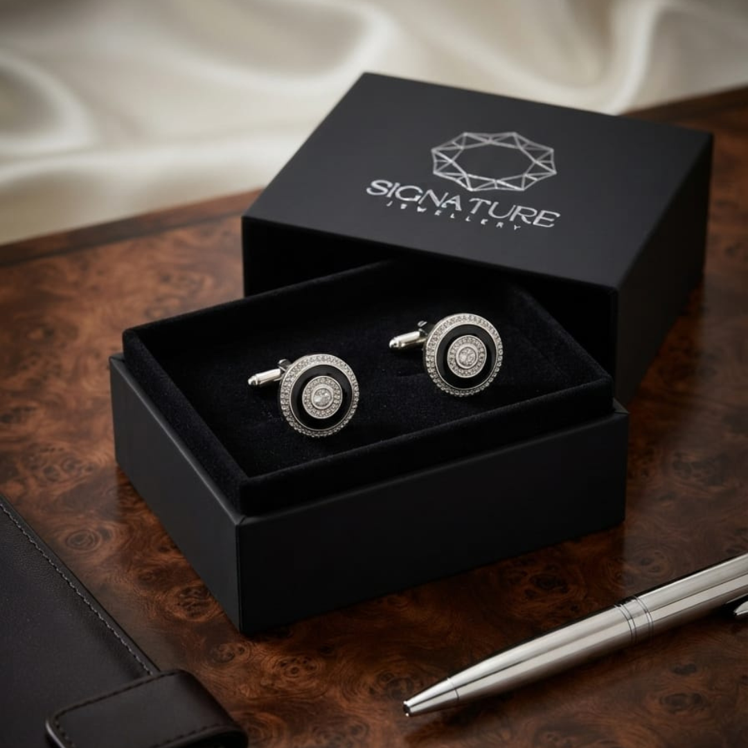 Signature Jewelry Black Enamel and Crystal Circular Men's Cufflinks
