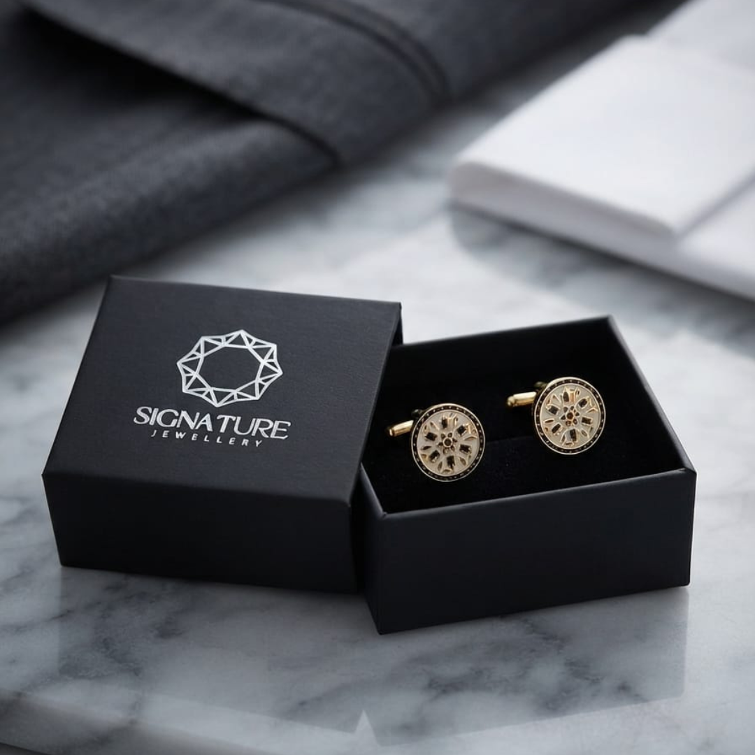 Signature Jewelry Gold and White Round Cufflinks