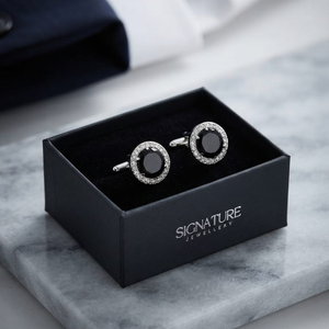 Signature Jewelry Silver and Black Crystal Halo Round Cufflinks