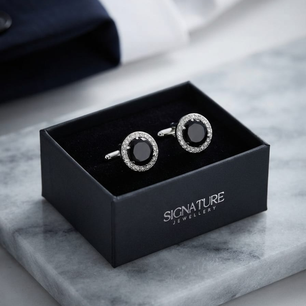 Signature Jewelry Silver and Black Crystal Halo Round Cufflinks