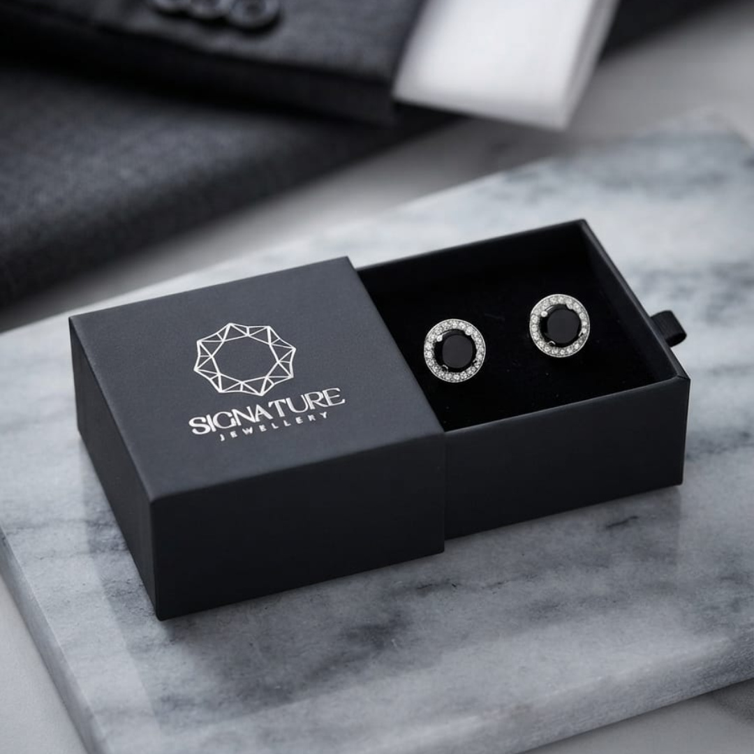  أزرار أكمام دائرية هالة كريستالية فضية وسوداء من Signature Jewelry
