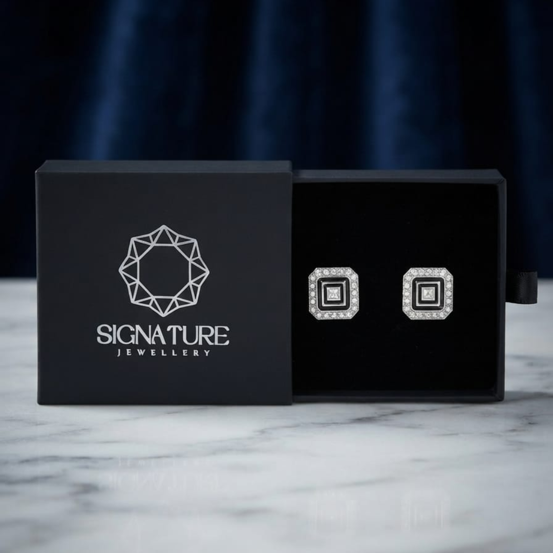 أزرار أكمام مربعة فضية وسوداء بتصميم هندسي كريستالي من Signature Jewelry