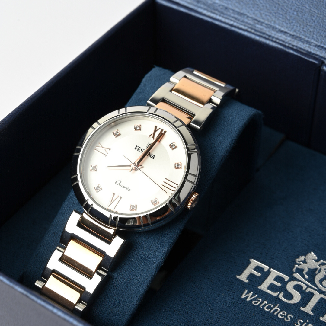 ساعة فستينا النسائية – كوارتز بسوار فولاذي وميناء فضي