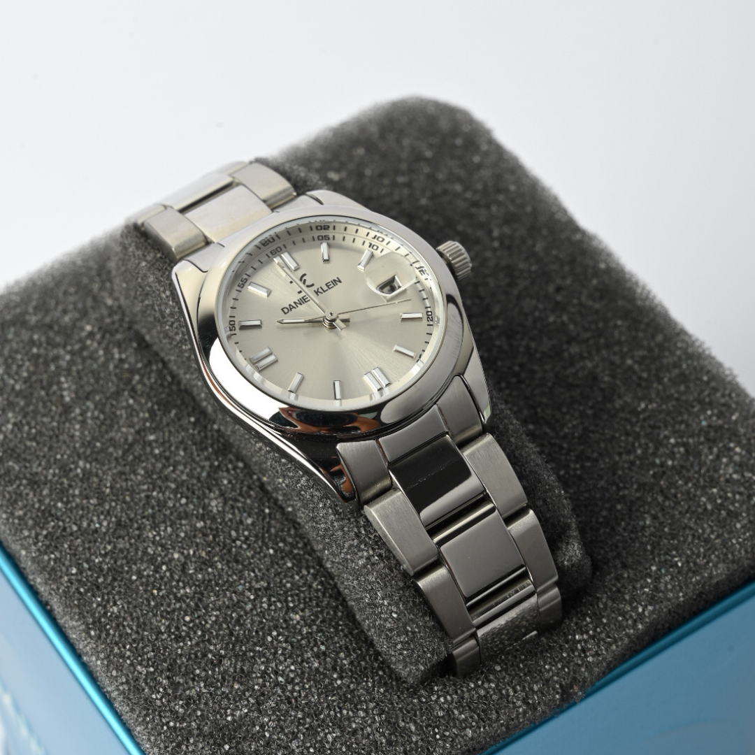 Daniel Klein Women’s Silver Watch with Rhinestones & Date Display